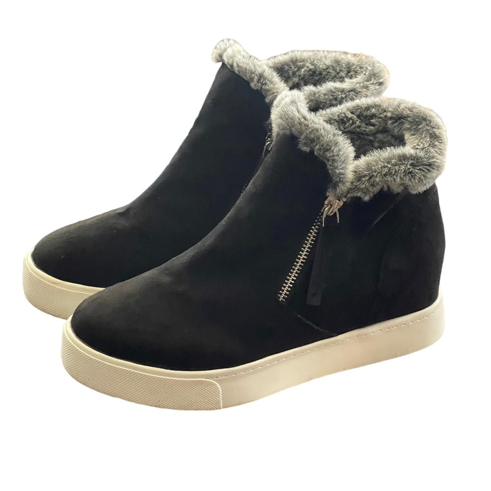 Soda Boots Womens 7.5 Black Platform Hidden Wedge Ankle Bootie Faux Fur Zipper